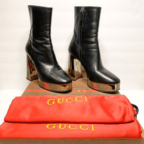 Gucci Shoes - Gucci Malaga Kid Black Leather Mirrored Calf Heel Platform Boots EU 37.5 US 7.5